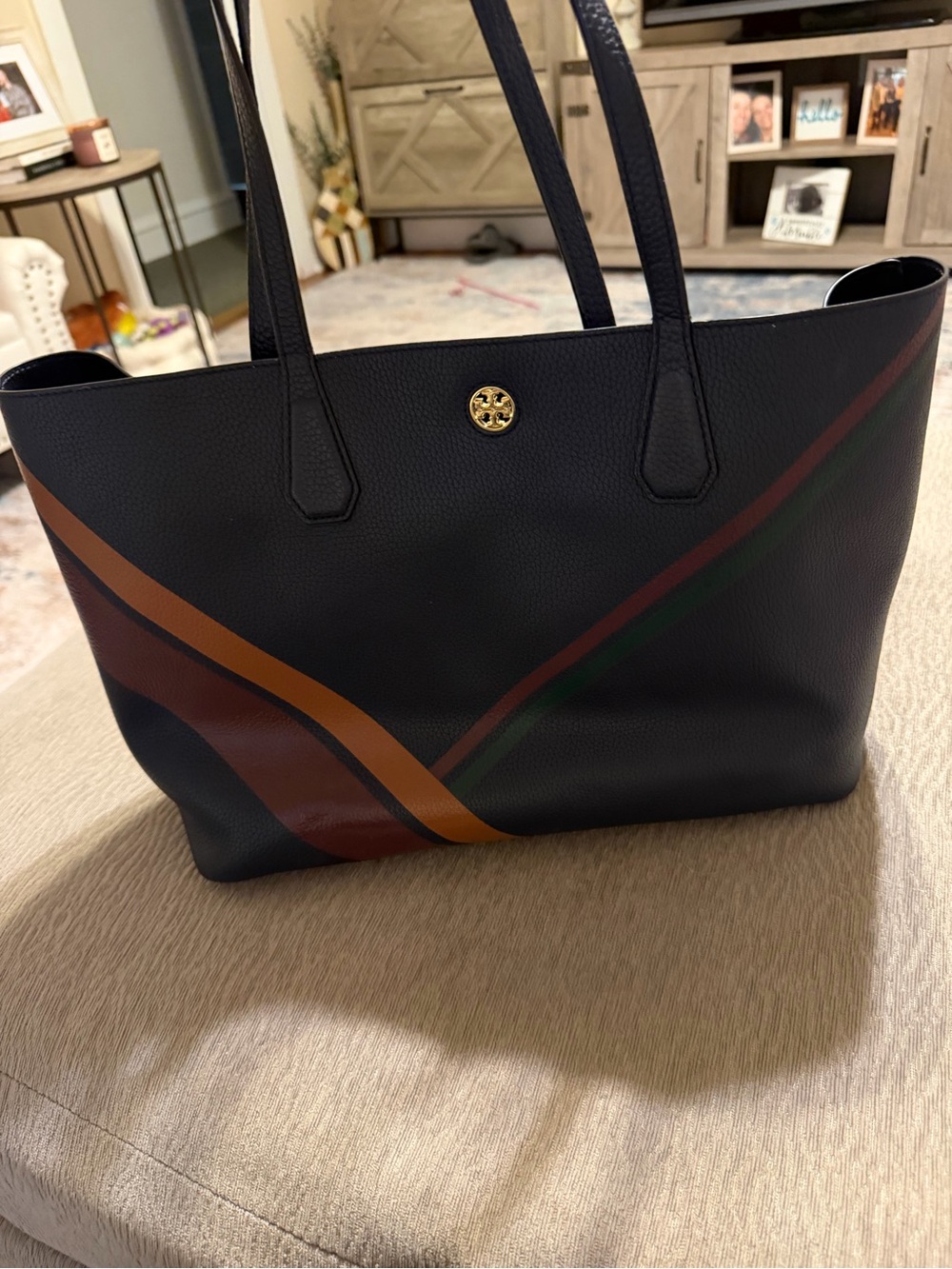 Tory Burch Perry Navy Pebbled Leather Tote with Multicolor Diagonal Stripes